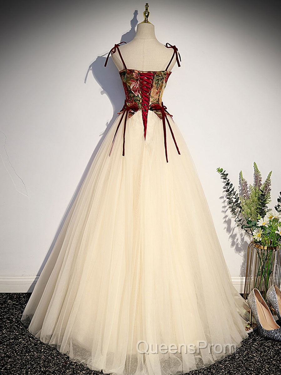 A line champagne long Evening Prom Dress, champagne tulle formal evening Dress