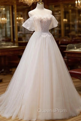 A Line Champagne Long Evening Prom Dress, Lace Champagne Long Evening Dress