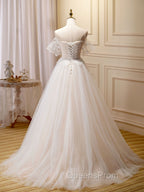 A Line Champagne Long Evening Prom Dress, Lace Champagne Long Evening Dress
