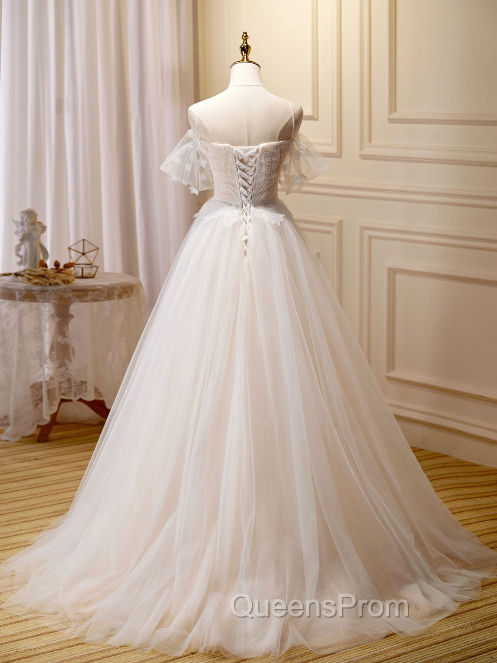 A Line Champagne Long Evening Prom Dress, Lace Champagne Long Evening Dress