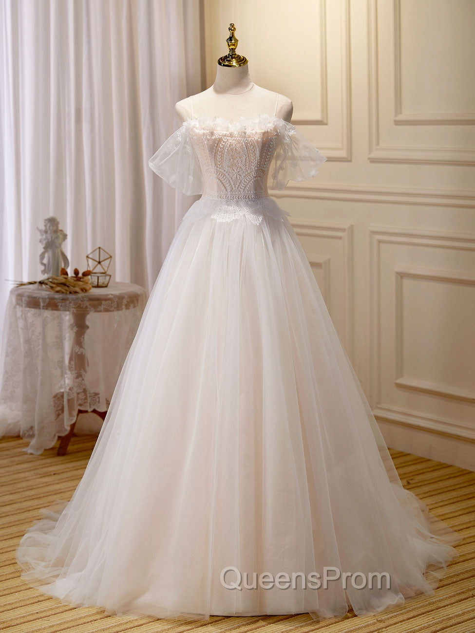 A Line Champagne Long Evening Prom Dress, Lace Champagne Long Evening Dress