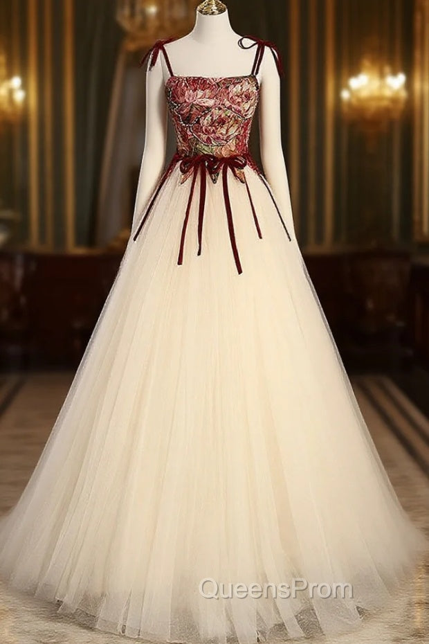 A line Champagne Long Evening Prom Dress, Champagne Evening Gown With Beading Velvet