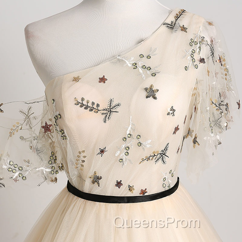 A-line Champagne One Shoulder Evening Prom Dress, Long Party Dress