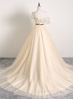 A-line Champagne One Shoulder Evening Prom Dress, Long Party Dress
