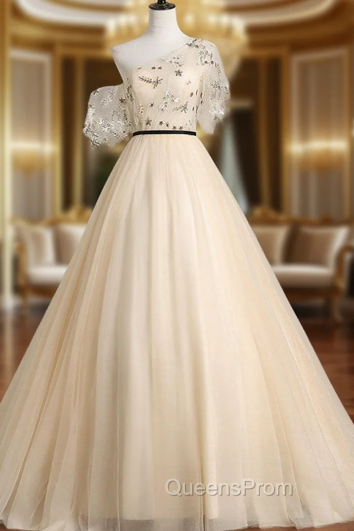 A-line Champagne One Shoulder Evening Prom Dress, Long Party Dress Main image
