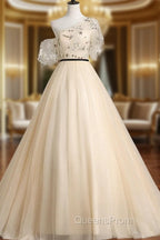 A-line Champagne One Shoulder Evening Prom Dress, Long Party Dress