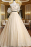 A-line Champagne One Shoulder Evening Prom Dress, Long Party Dress