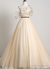 A-line Champagne One Shoulder Prom Dress, Long Party Dress