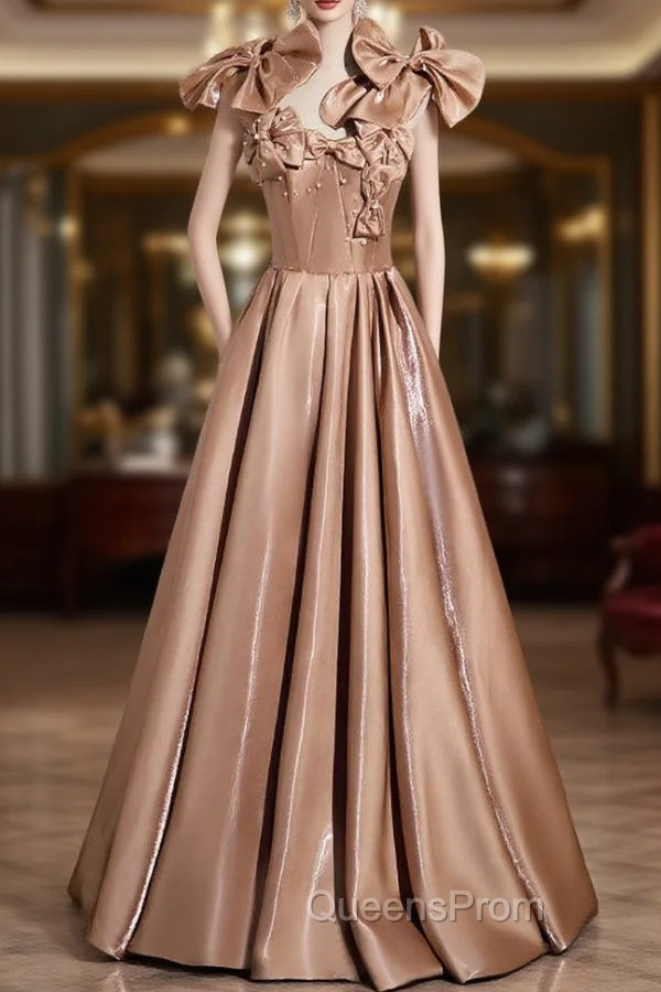 A-line Champagne Satin Bow Evening Prom Dress Main image