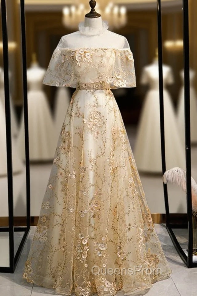 A-Line Champagne Tulle Appliques Evening Prom Dress Main image