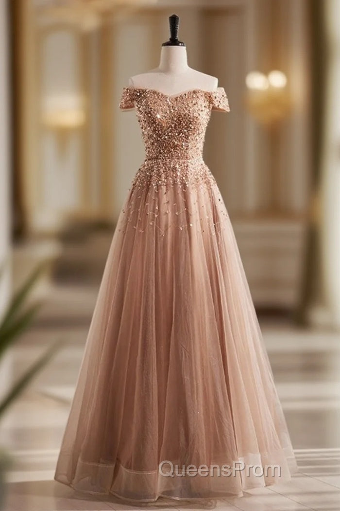 A-Line Champagne Tulle Beading Sequins Evening Prom Dress Main image