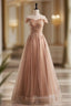 A-Line Champagne Tulle Beading Sequins Evening Prom Dress