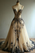 A Line Champagne Tulle Black Lace Long Classy Prom Dress Charming Classy Evening Dress