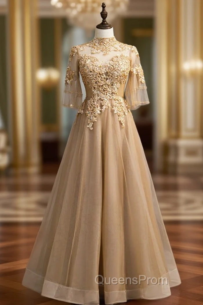 A-Line Champagne Tulle High Neck Backless Evening Prom Dress With Beading Main image