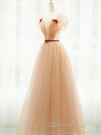 A-Line Champagne Tulle Long Evening Prom Dress, Champagne Long Formal Dress