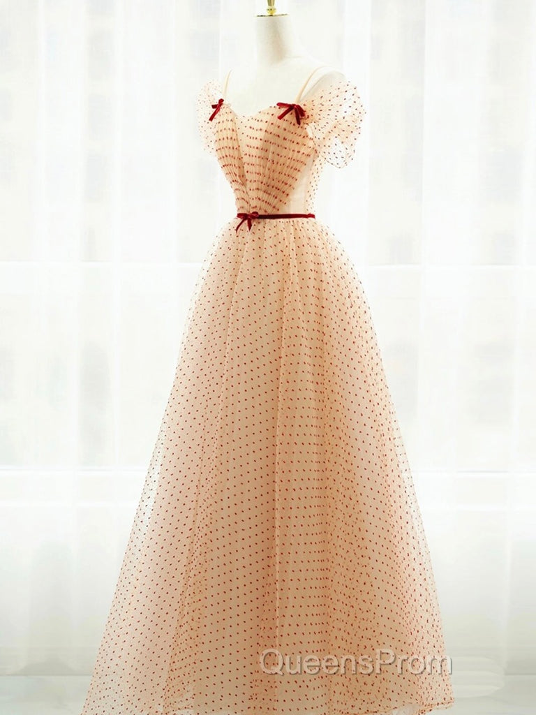 A-Line Champagne Tulle Long Evening Prom Dress, Champagne Long Formal Dress