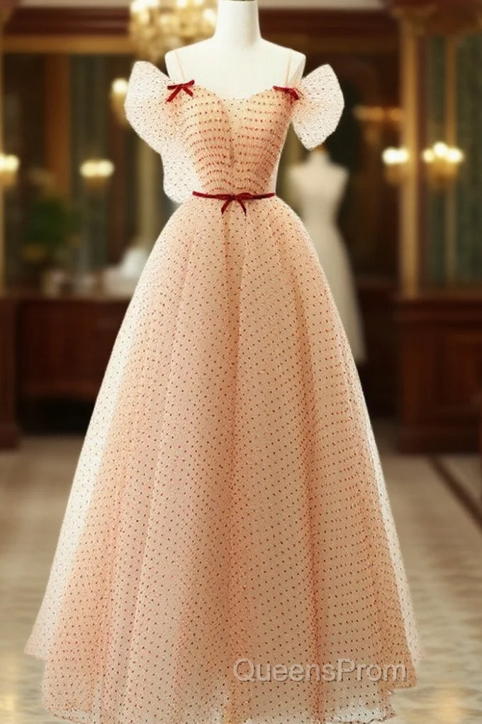 A-Line Champagne Tulle Long Evening Prom Dress, Champagne Long Formal Dress Main image