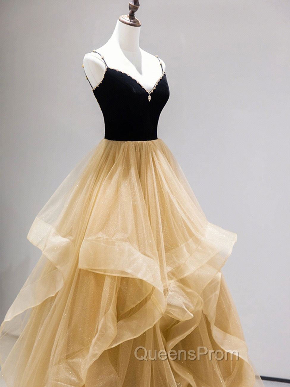 A-Line Champagne Tulle Long Evening Prom Dress, Velvet Graduation Dress with Beading Secondary image