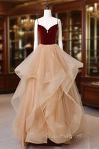 A-Line Champagne Tulle Long Evening Prom Dress, Velvet Graduation Dress with Beading