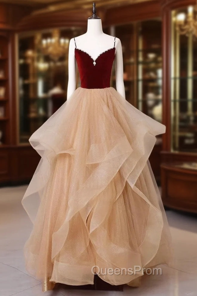 A-Line Champagne Tulle Long Evening Prom Dress, Velvet Graduation Dress with Beading