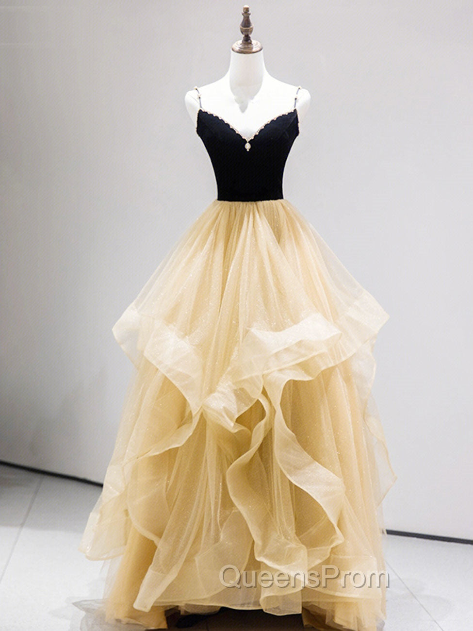 A-Line Champagne Tulle Long Evening Prom Dress, Velvet Graduation Dress with Beading Main image