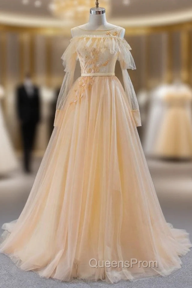 A-Line Champagne Tulle Long Sleeve Backless Evening Prom Dress