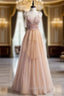 A-Line Champagne Tulle Spaghetti Straps Beading Evening Prom Dress