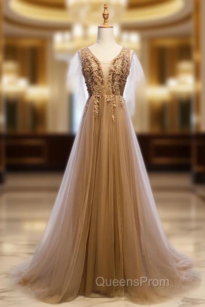 A-Line Champagne Tulle V-neck Backless Appliques Evening Prom Dress