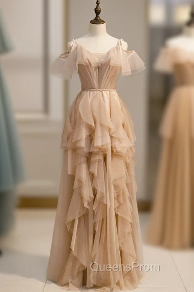 A-Line Champagne Tulle V-neck Pleats Evening Prom Dress Main image