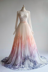 A-Line Chiffon Applique Long Sleeve Wedding Dress Round Neck Sequin Tulle Long Evening Prom Dress