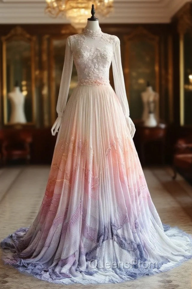 A-Line Chiffon Applique Long Sleeve Wedding Dress Round Neck Sequin Tulle Long Evening Prom Dress Main image