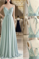 A-Line Chiffon Lace Long Evening Prom Dress, Green Spaghetti Strap Backless Evening Dress