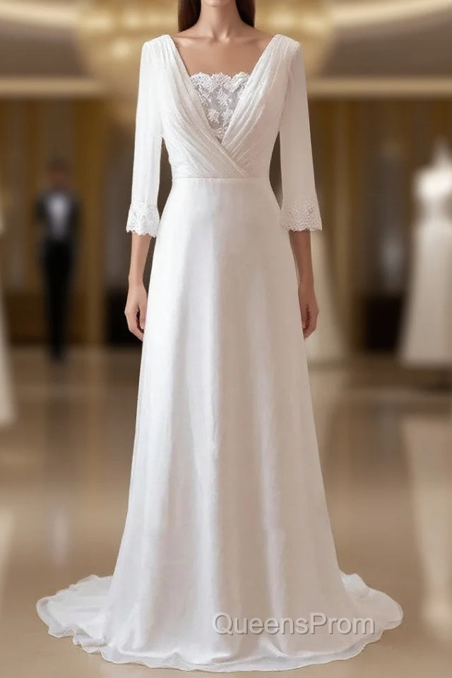 A-Line Chiffon Lace White  Satin Weddig Dress Main image