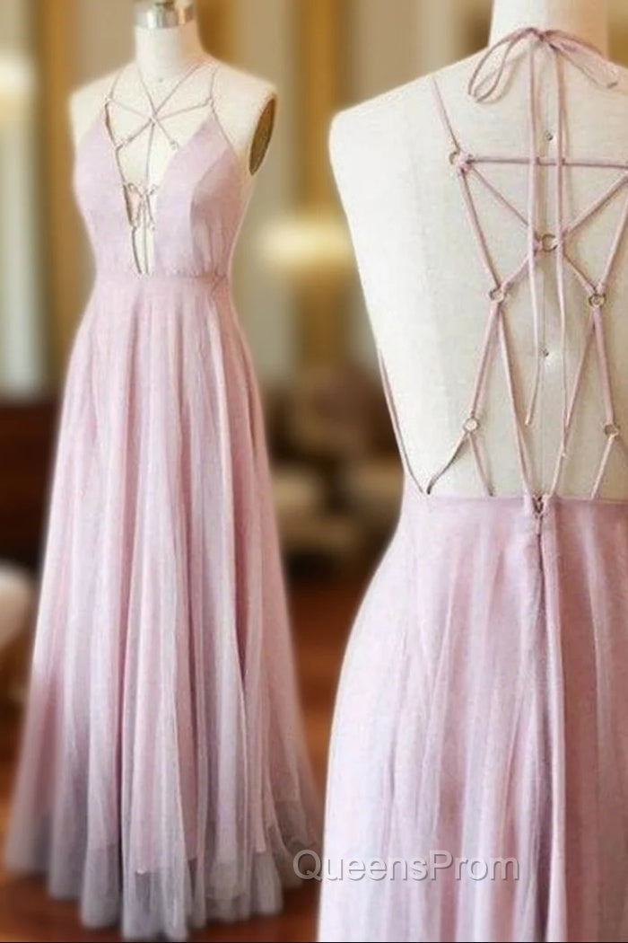 A-line Chiffon Pink Spaghetti Strap Deep V-neck Evening Prom Dress Main image