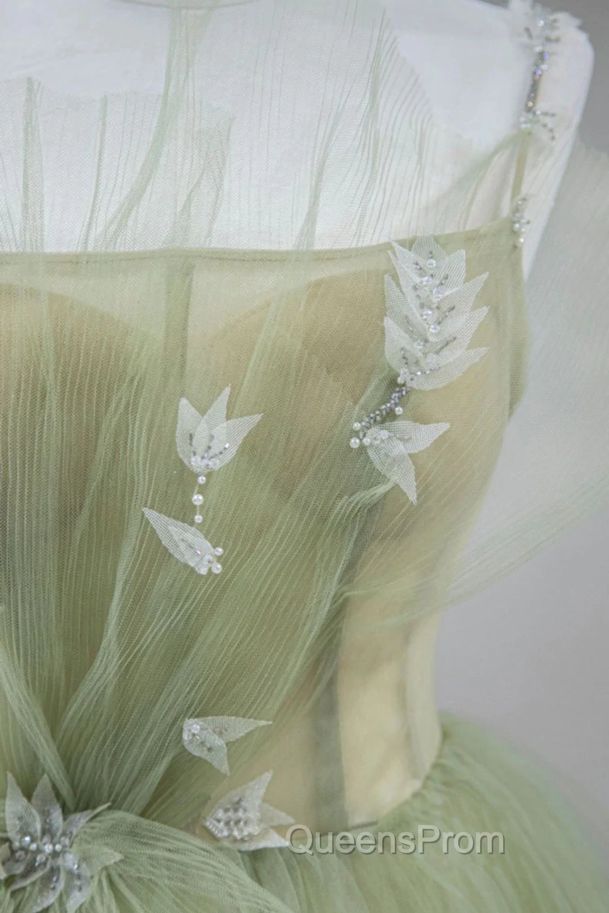 A Line Corset Back Sage Green Tulle Long Dress