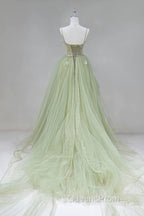 A Line Corset Back Sage Green Tulle Long Dress