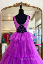 A-Line Crew Neck Lilac Tiered Tulle Long Evening Dress