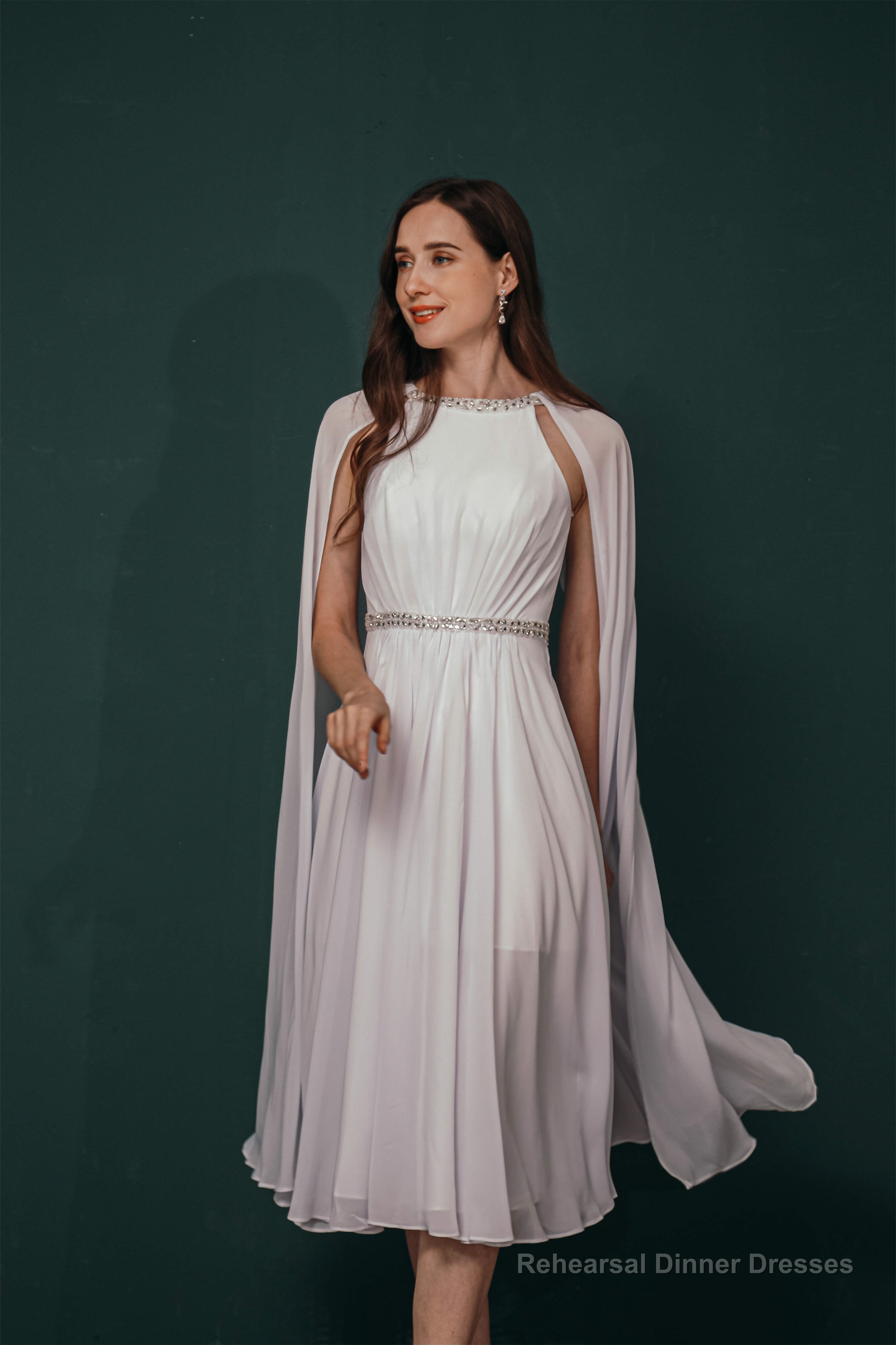 A-Line Crew Tea Length Chiffon Beaded Waist Mother of The Bride Dresses Secondary image