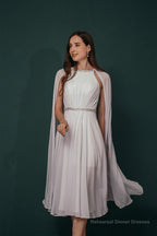 A-Line Crew Tea Length Chiffon Beaded Waist Mother of The Bride Dresses