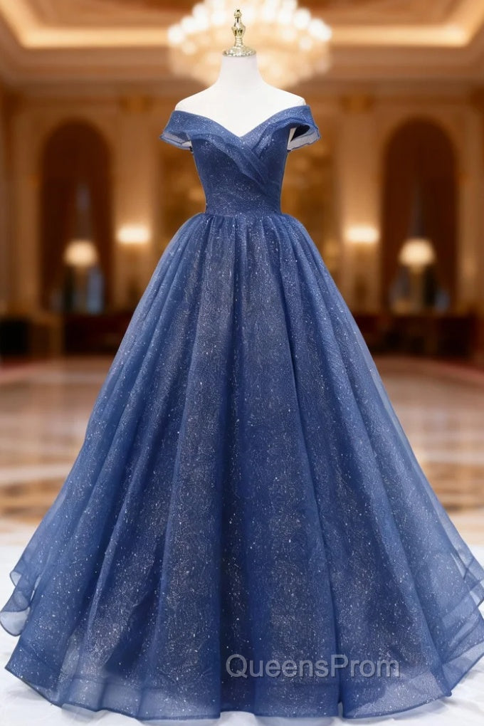 A-Line Dark Blue Tulle Long Evening Prom Dress, Blue Evening Dress Main image