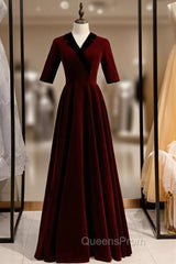 A-Line Dark Burgundy Short Sleeve V-neck Evening Prom Dress