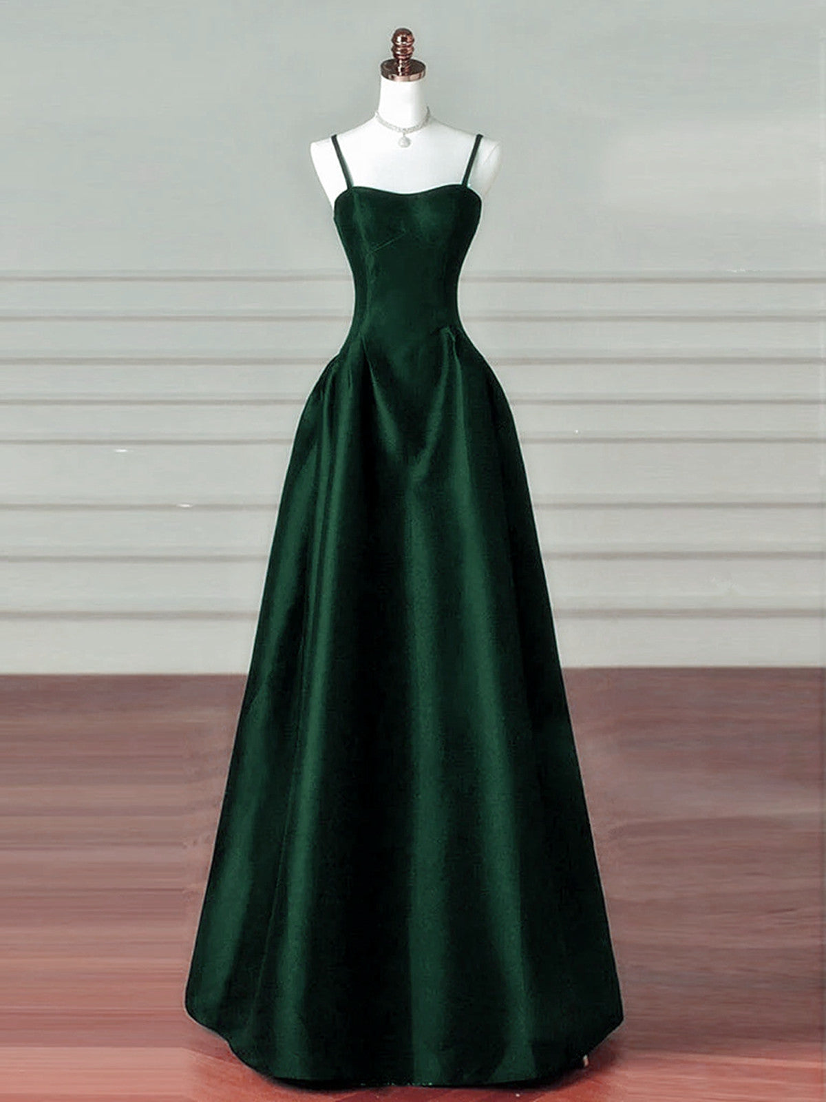 A-Line Dark Green Satin Straps Long Party Dress, Green Satin Classy Prom Dress Main image