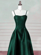 A-Line Dark Green Satin Straps Long Party Dress, Green Satin Classy Prom Dress
