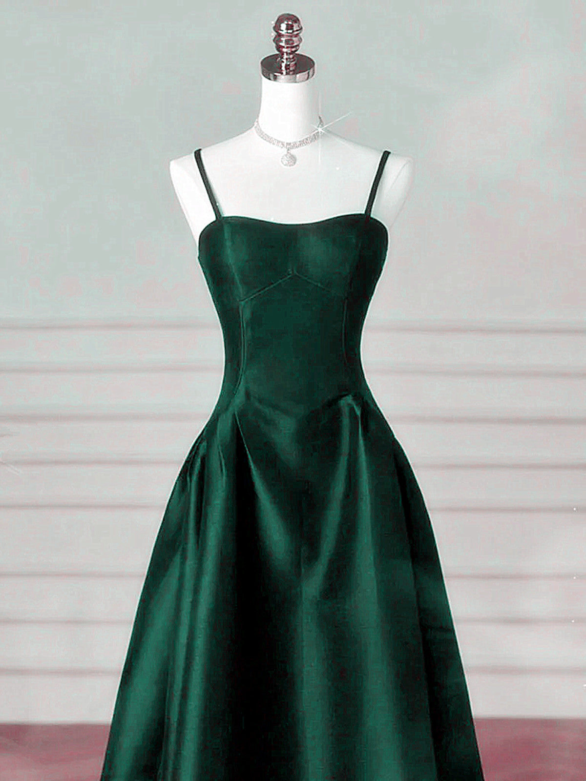 A-Line Dark Green Satin Straps Long Party Dress, Green Satin Classy Prom Dress