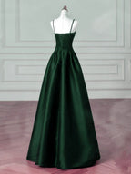 A-Line Dark Green Satin Straps Long Party Dress, Green Satin Classy Prom Dress