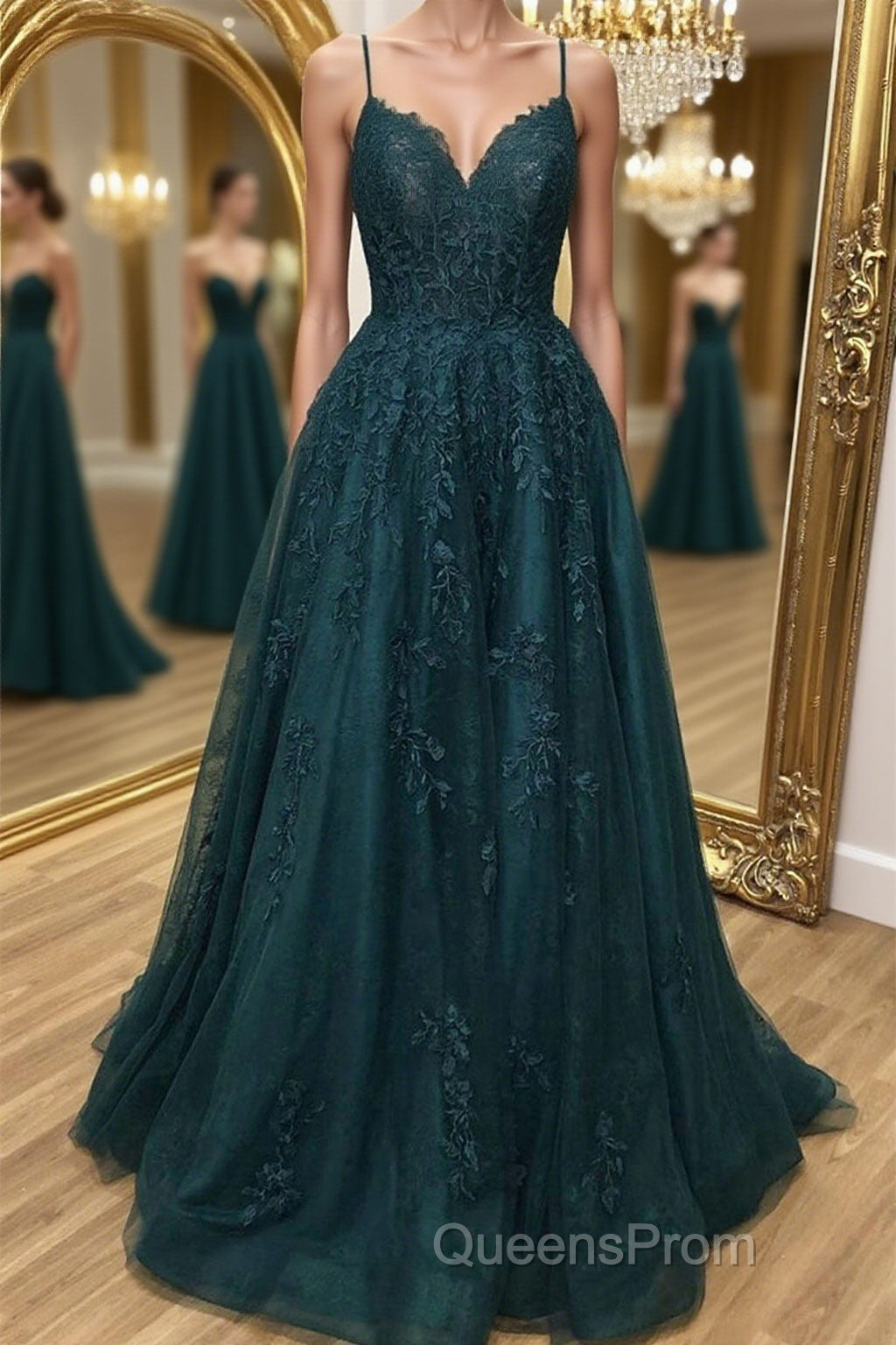 A Line Dark Green Tulle Lace Long Evening Prom Dress, Dark Green Lace Formal Graduation Evening Dress