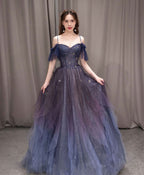 A-Line Dark Purple Tulle Long Classy Prom Dress, Purple Classy Party Dress