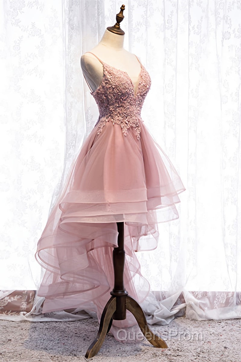 A-line Deep V Neck Beaded Appliques Multi-Layers Hi-Low Formal Dress