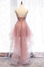 A-line Deep V Neck Beaded Appliques Multi-Layers Hi-Low Formal Dress