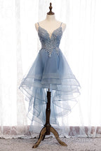 A-line Deep V Neck Beaded Appliques Multi-Layers Hi-Low Formal Dress